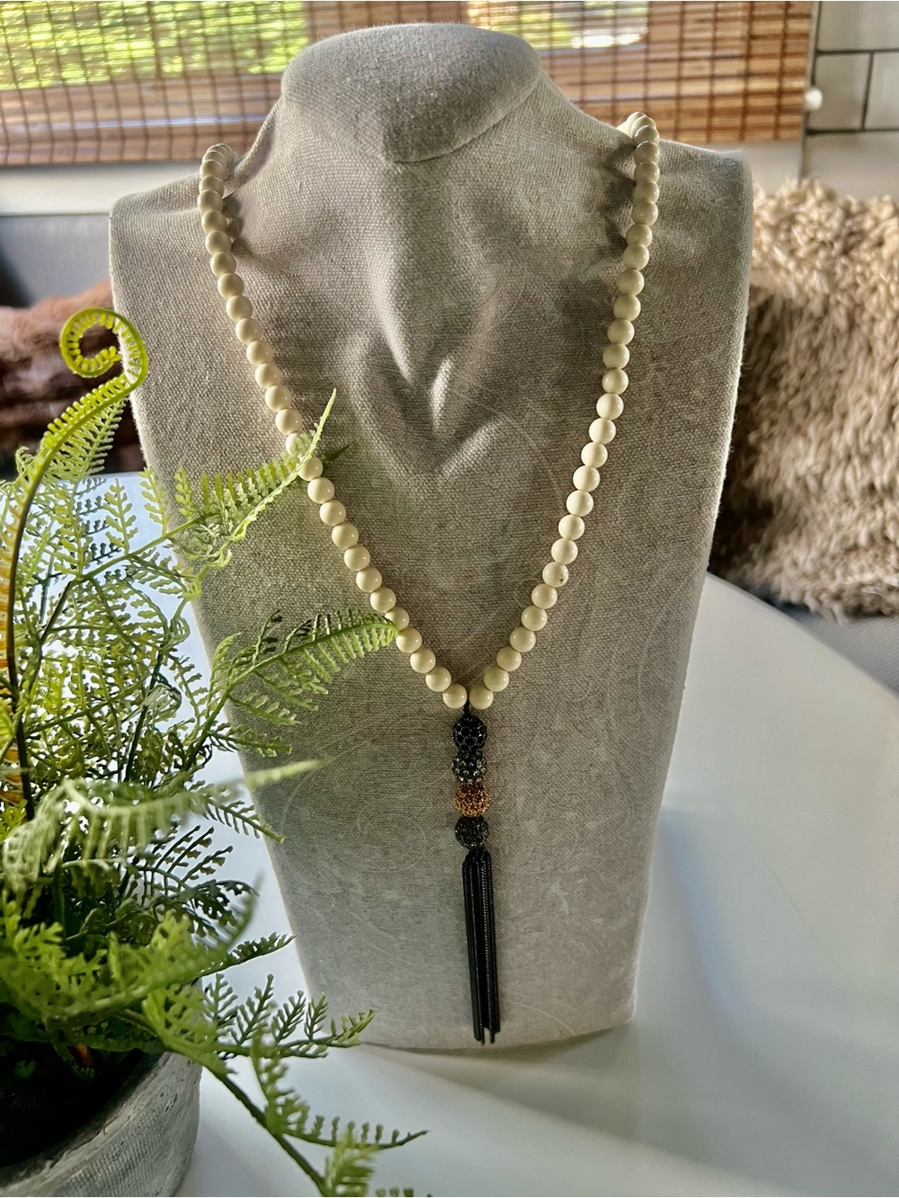 Stella & Dot Ivory Beaded Necklace with Black & Gold Tassel
